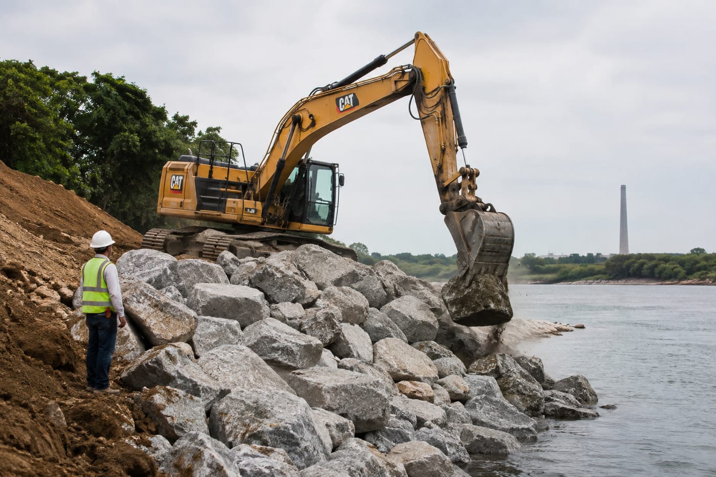 Large stone being placed by excavator for embankment and civil-works applications