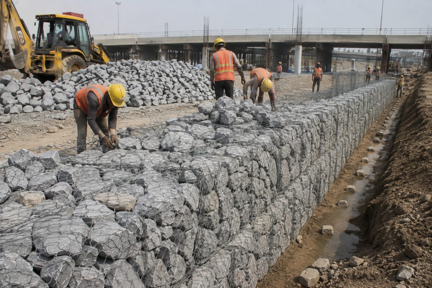 Gabion stone placed inside wire-mesh baskets for infrastructure work