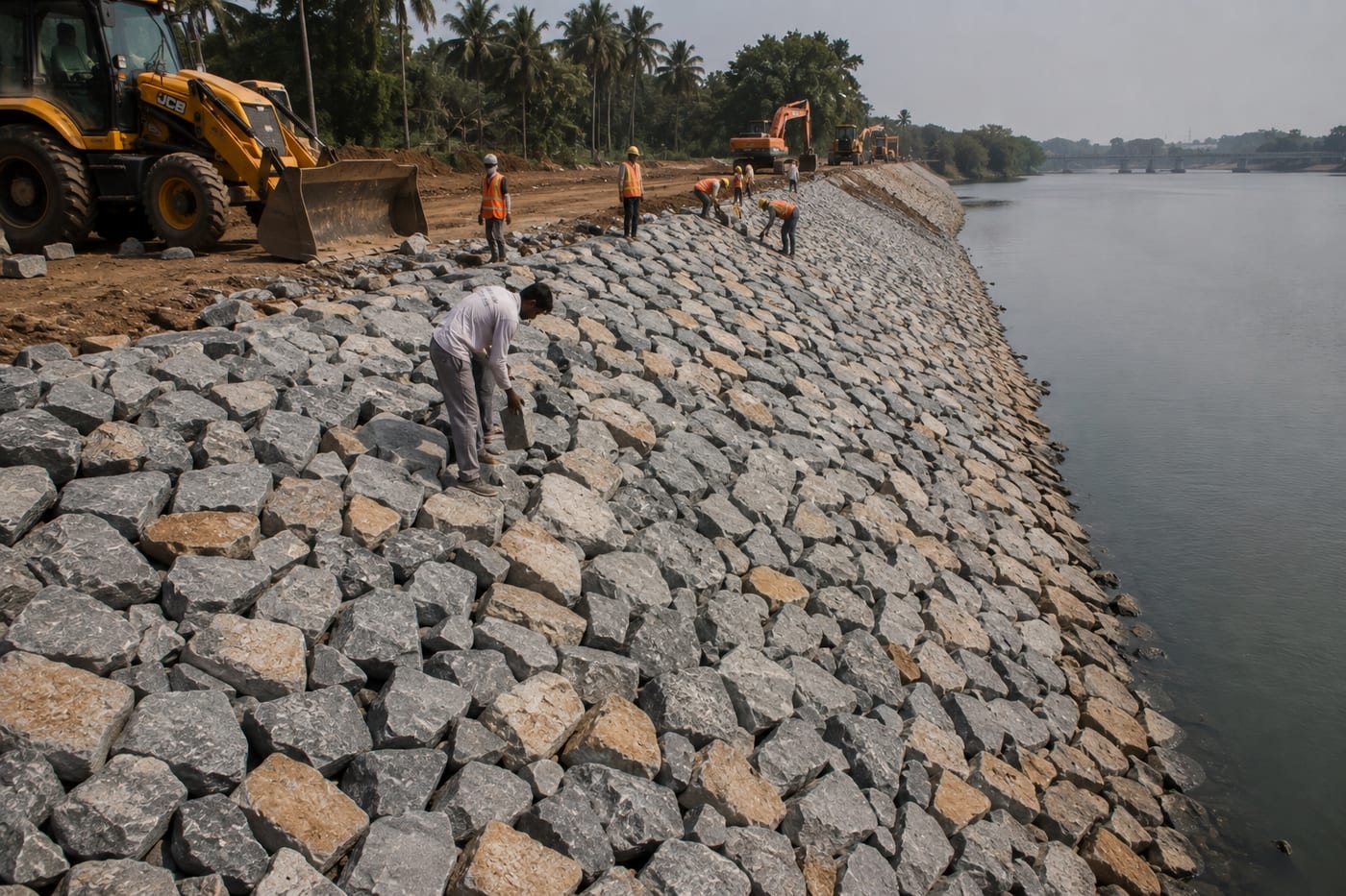 Pitching stone hand-placed along a riverbank slope for erosion protection