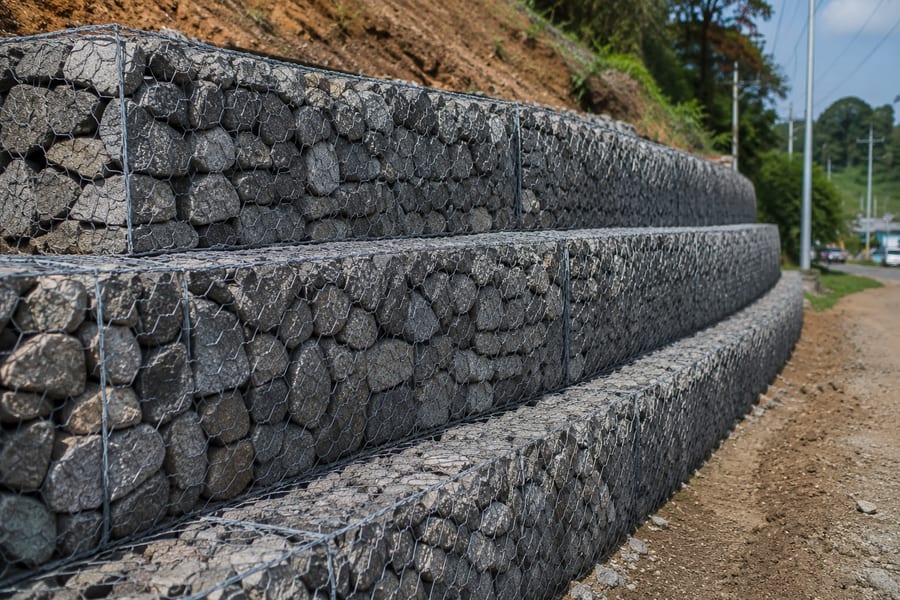 Stone protection work along a stepped retaining structure