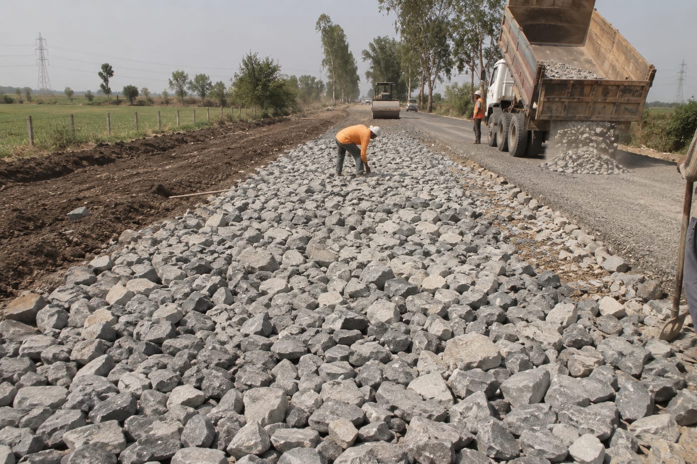 Preview thumbnail: soling stone foundation layer at a road project